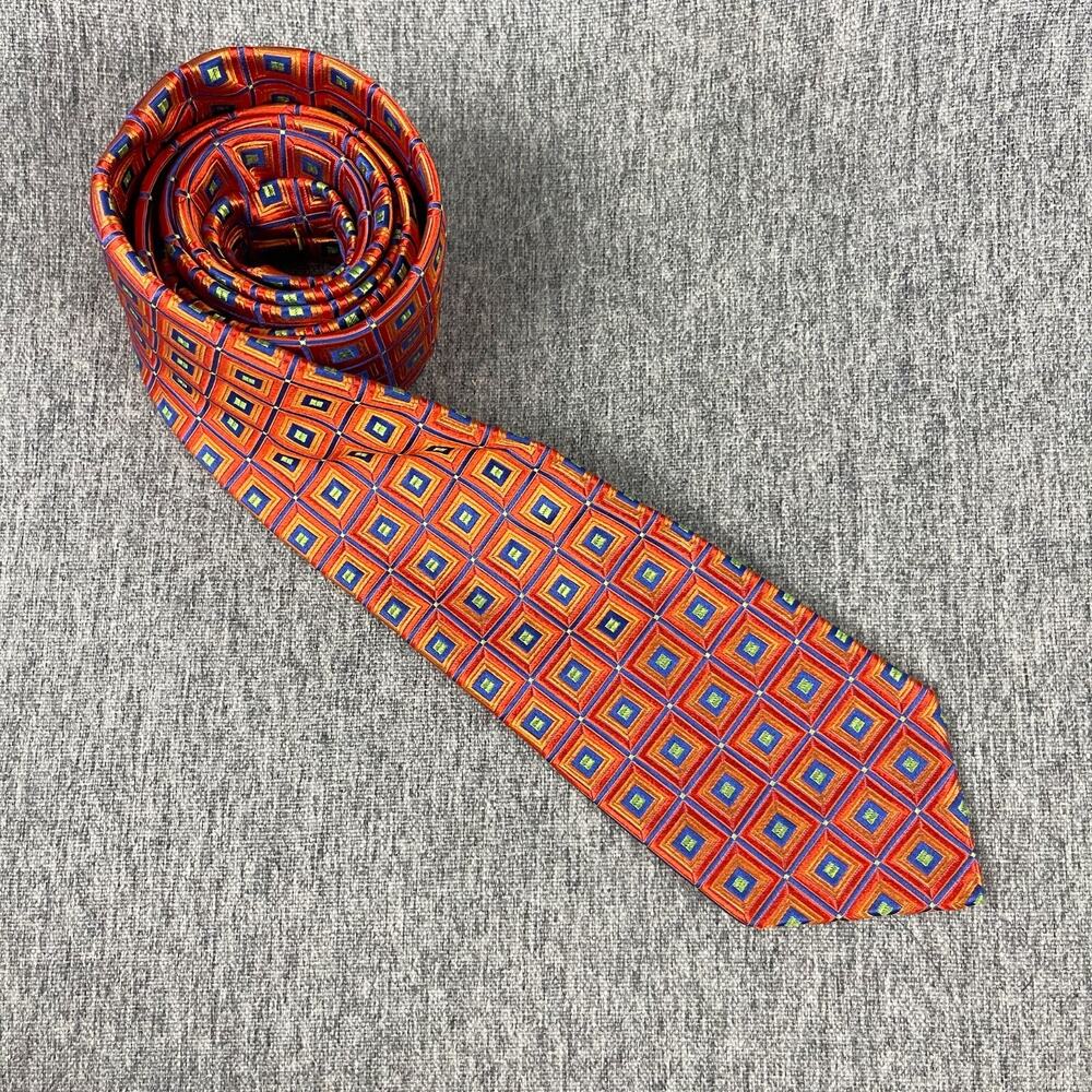 Ted Baker London 100% Silk Necktie Mens Orange Blue Geometric‎ Woven USA Made
